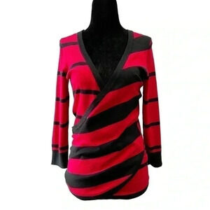 Ricki’s Wrap Front Sweater  Deep V Neckline Thin Knit Red Black Stripes XS